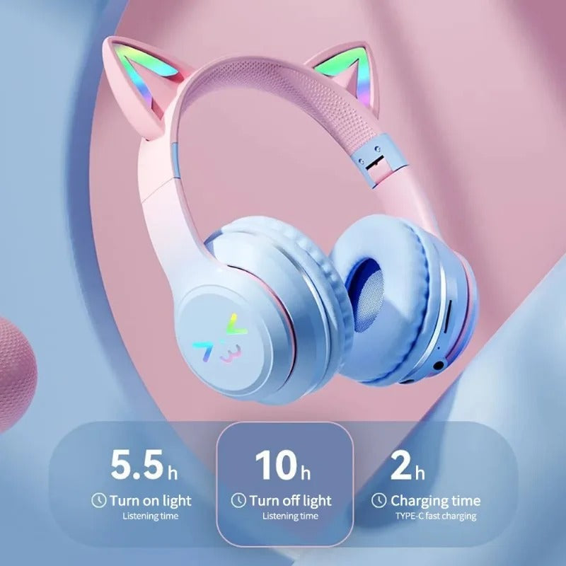 RGB Bluetooth Katzenohren Kopfhörer – Wireless Headset mit Mikrofon, LED, Stereo