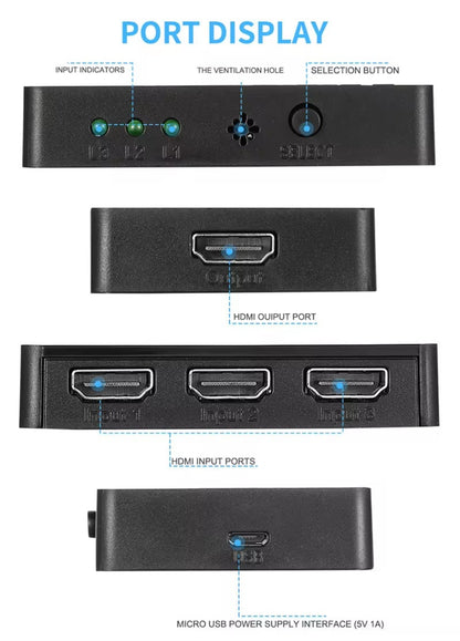 3-in-1-out HDMI Switch Umschalter Fernbedienung Ultra HD 4K oder Full HD 1080p
