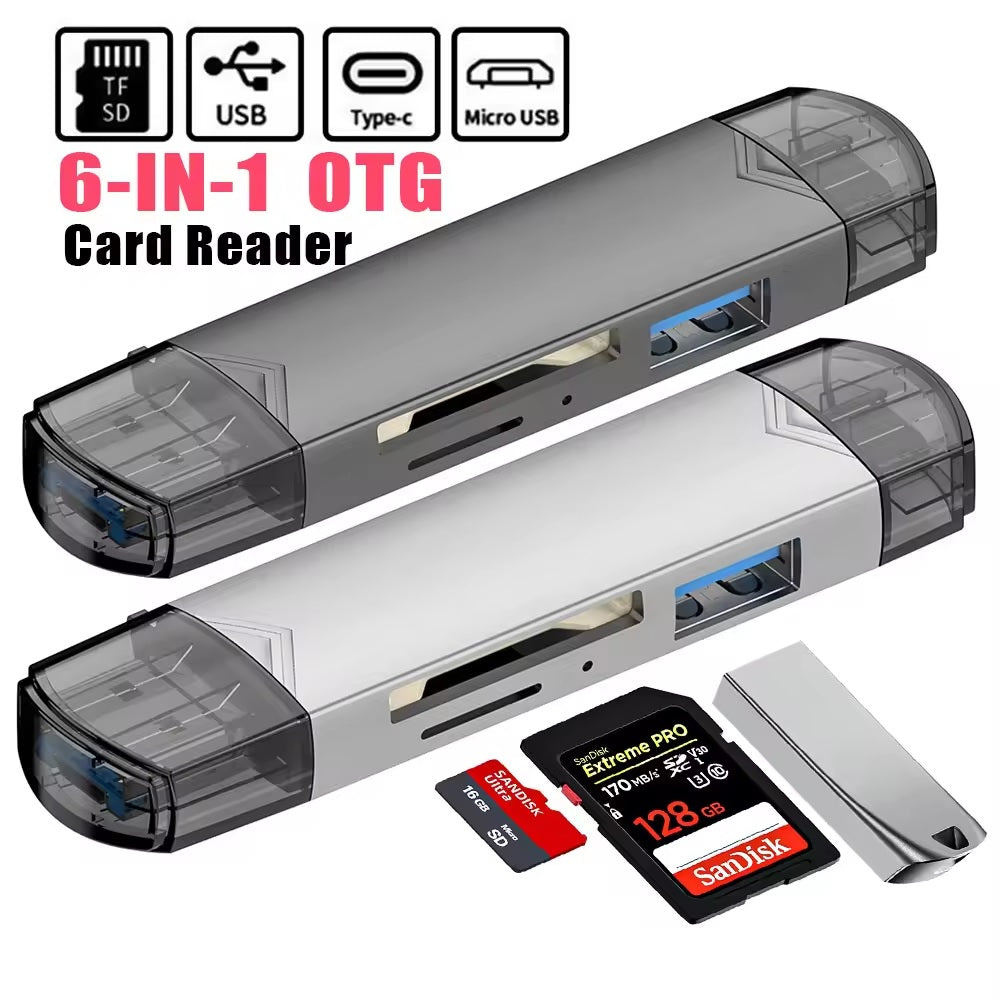 6-in-1 Kartenleser USB 3.0 Speicherkartenleser Typ-C Micro USB SD TF OTG Grau