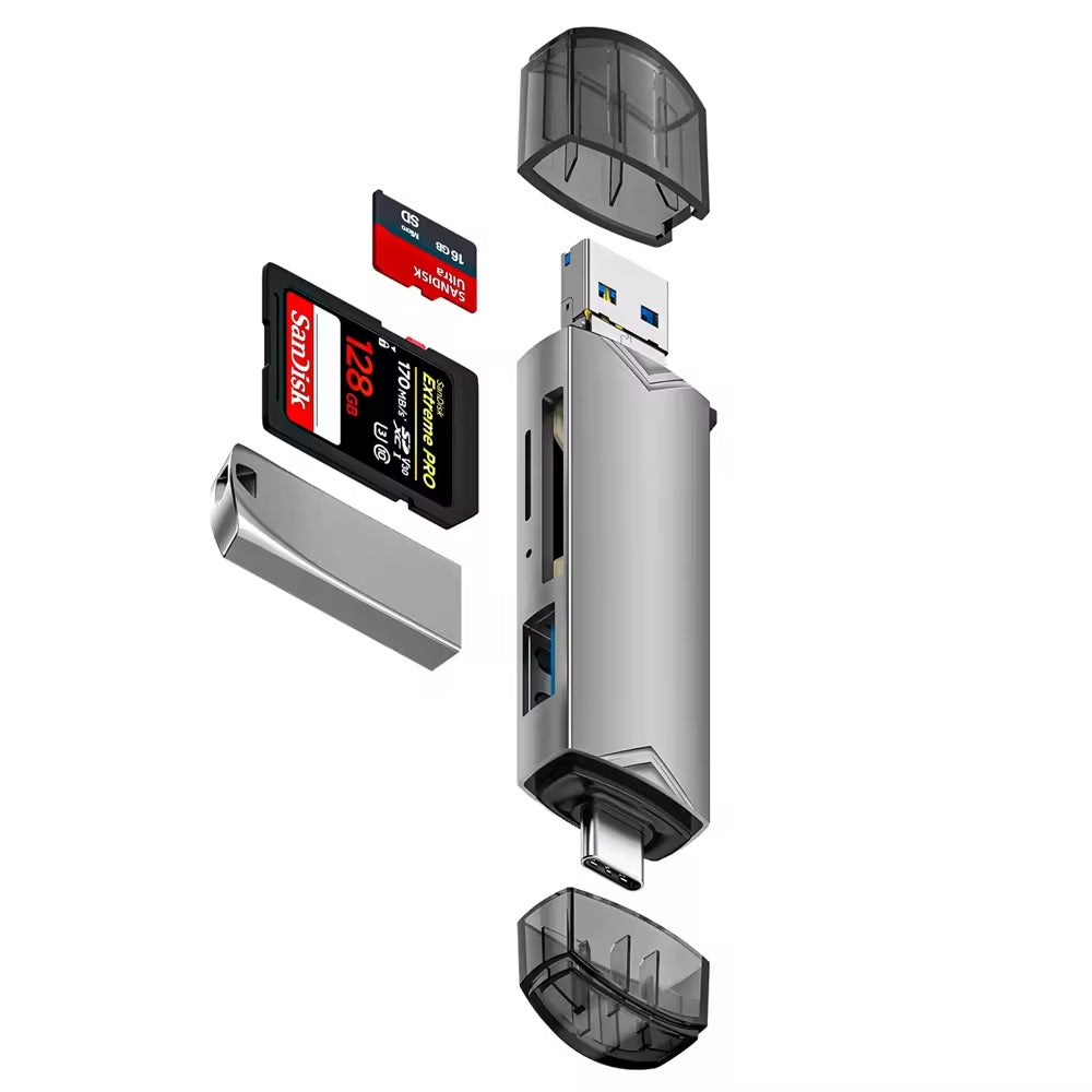 6-in-1 Kartenleser USB 3.0 Speicherkartenleser Typ-C Micro USB SD TF OTG Grau