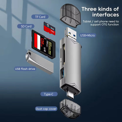 6-in-1 Kartenleser USB 3.0 Speicherkartenleser Typ-C Micro USB SD TF OTG Grau