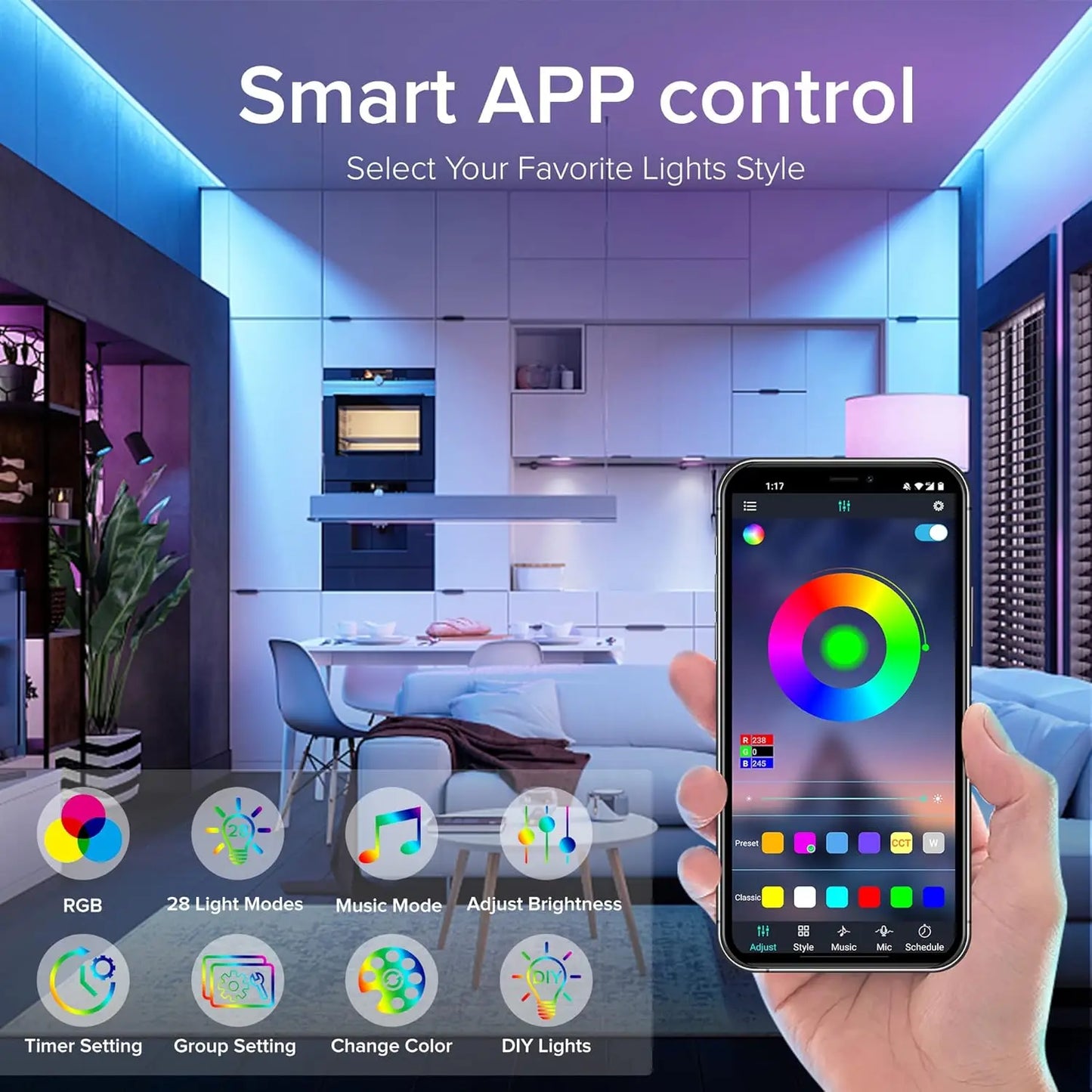 Intelligente LED-Streifen mit Kleberückseite, RGB-Streifenlampe mit 16 Millionen Farben, App-/Fernbedienungssteuerung, einstellbarer Helligkeit und Musiksynchronisation