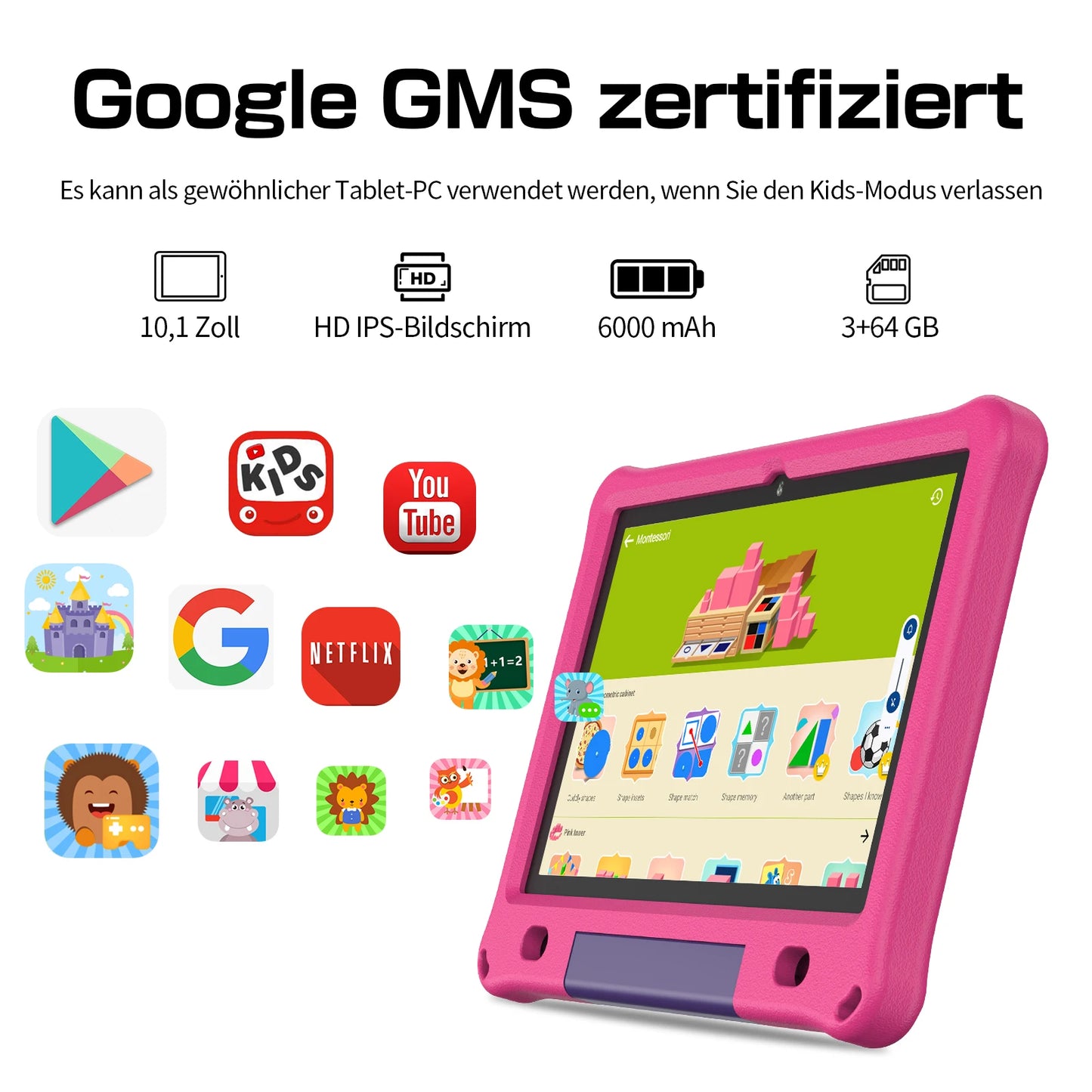 Android-Tablet für Kinder, 10,1 Zoll, Octa-Core mit Hülle, 64 GB, erweiterbar, Kindersicherung, Dual-Kamera