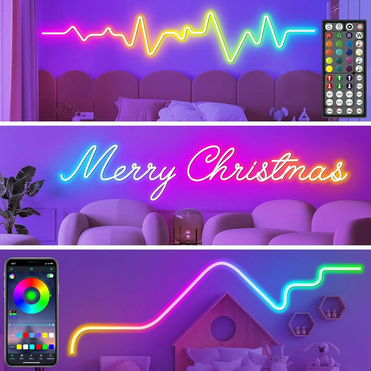 Neon-Lichterkette, flexible LED-Lichterkette mit App-/Fernbedienungssteuerung,  IP65 RGB-LED-Neonlichter für den Außenbereich