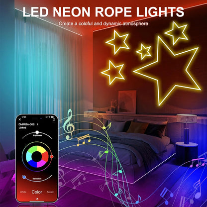 LED-Neon-Lichterkette mit App-/Fernbedienungssteuerung, 24 V, Musiksynchronisation, wasserdicht, flexibel, DIY-Design, RGB-Streifen