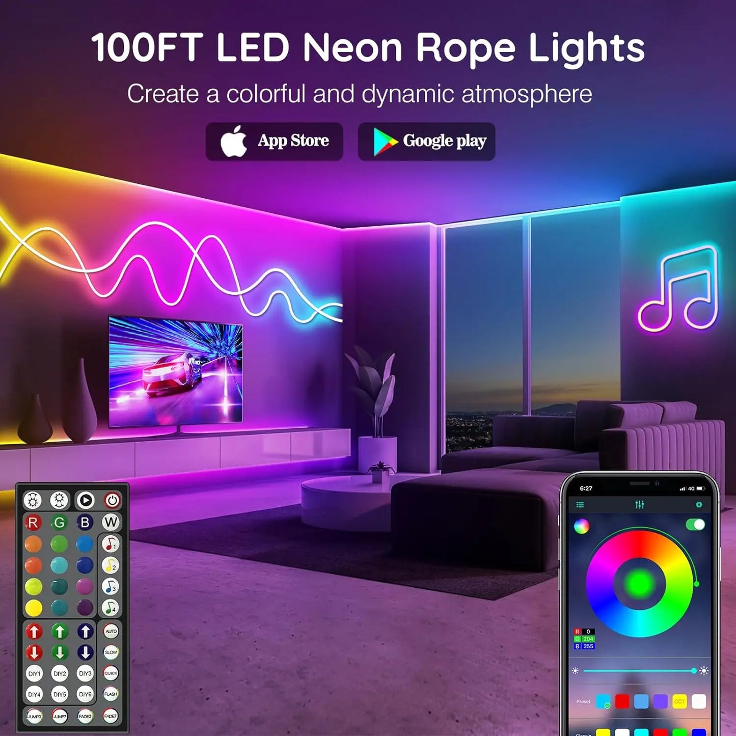 Neon-Lichterkette, flexible LED-Lichterkette mit App-/Fernbedienungssteuerung,  IP65 RGB-LED-Neonlichter für den Außenbereich