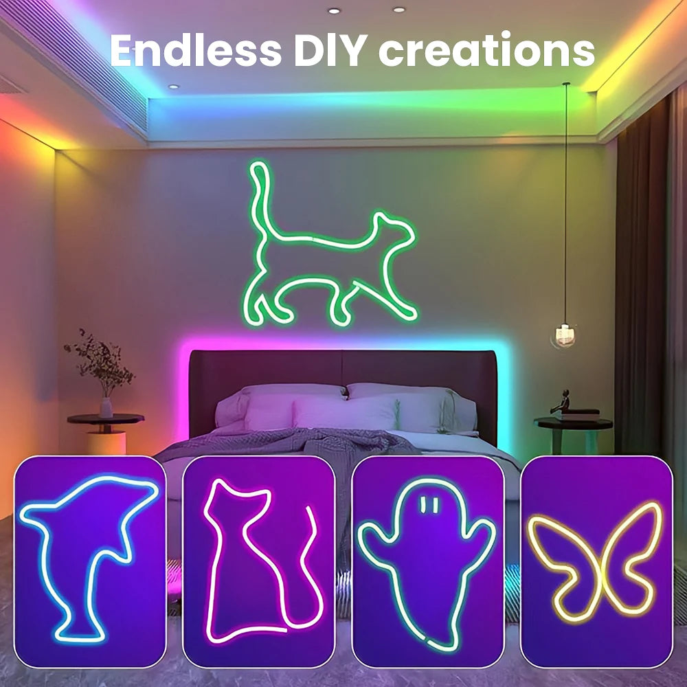 LED-Neon-Lichterkette mit App-/Fernbedienungssteuerung, 24 V, Musiksynchronisation, wasserdicht, flexibel, DIY-Design, RGB-Streifen