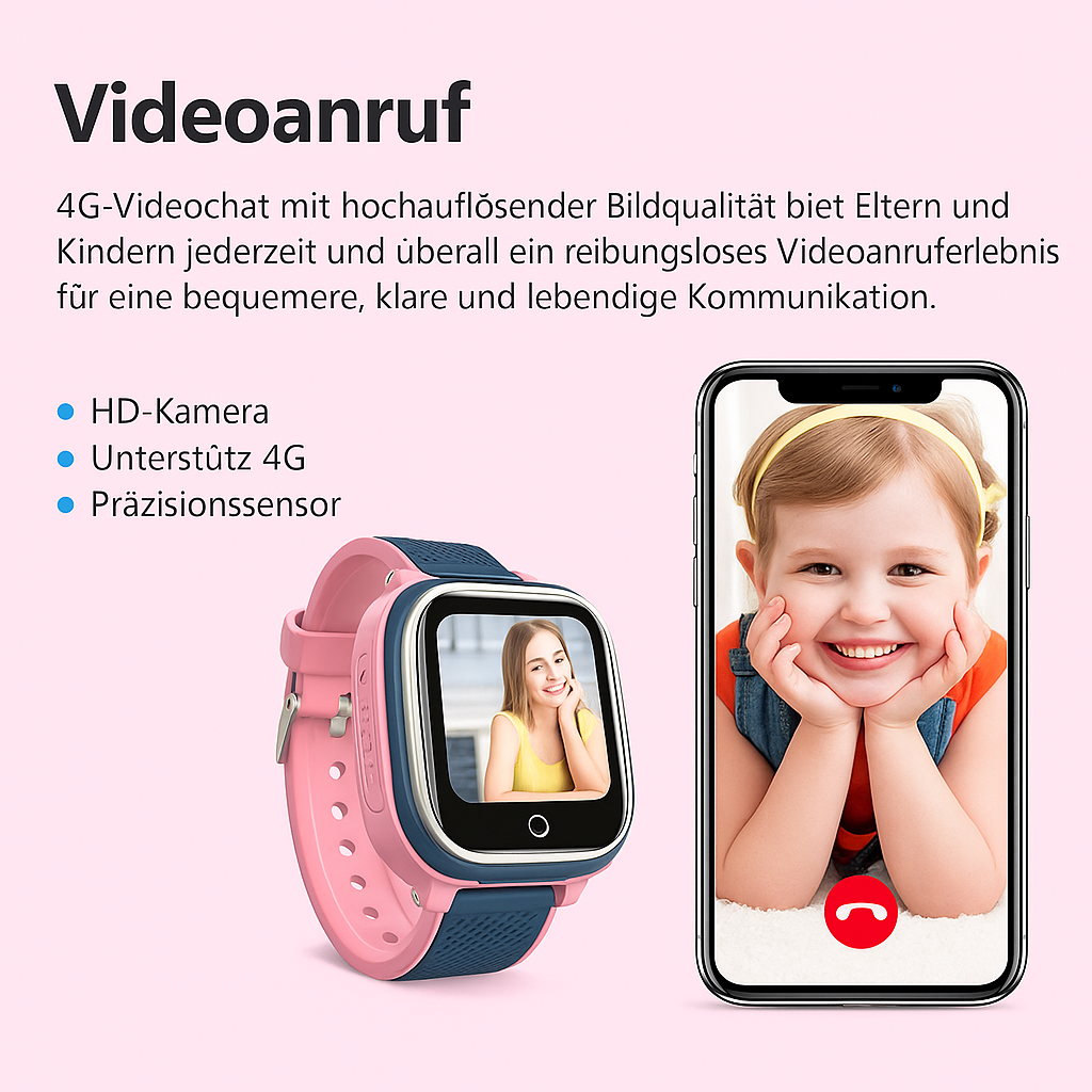 4G Kids Smartwatch GPS WIFI Video Call IP67 – SOS Uhr für Kinder mit Kamera, Tracker, Standort & Telefon – Blau/Rosa Farben