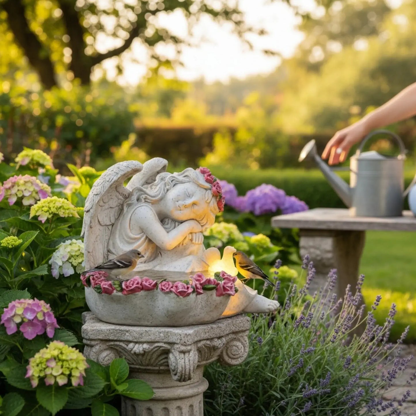Engel Figur Gartendeko Solar Gartenfiguren Außen LED 20x21x16 Schutzengel Vogeltränke