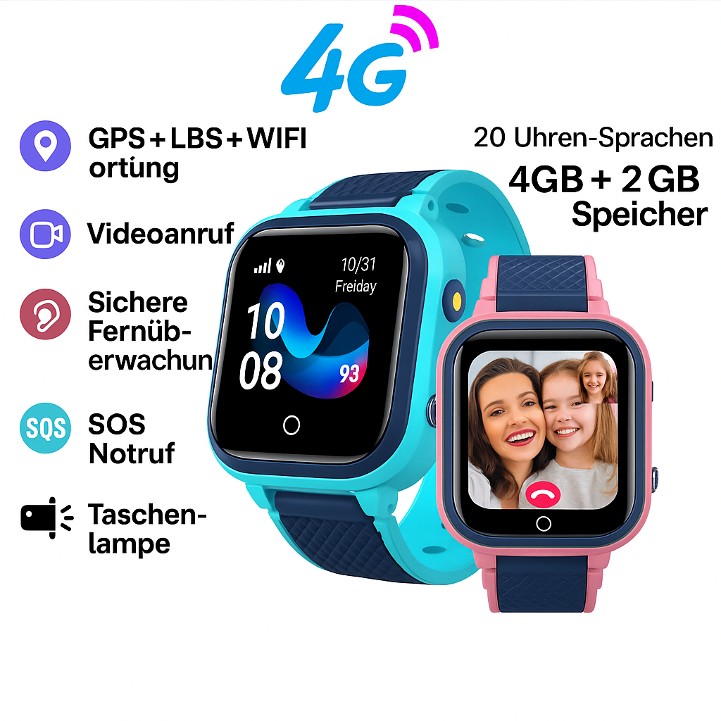 4G Kids Smartwatch GPS WIFI Video Call IP67 – SOS Uhr für Kinder mit Kamera, Tracker, Standort & Telefon – Blau/Rosa Farben
