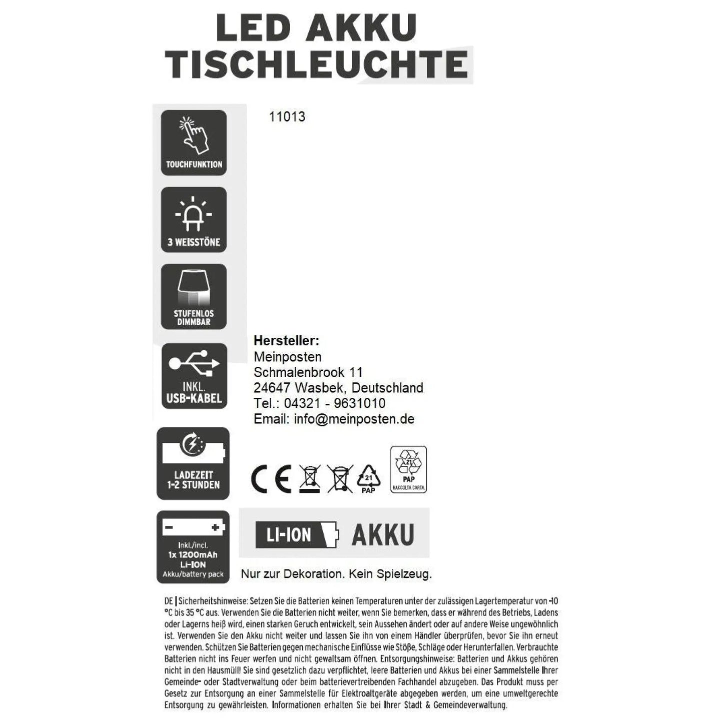 Lampe LED ohne Kabel Touch Tischleuchte Tischlampe Leuchte kabellos dimmbar