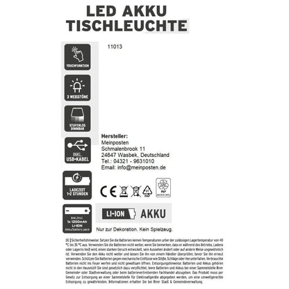 Lampe LED ohne Kabel Touch Tischleuchte Tischlampe Leuchte kabellos dimmbar