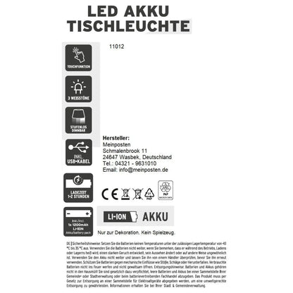 Lampe LED ohne Kabel Touch Tischleuchte Tischlampe Leuchte kabellos dimmbar
