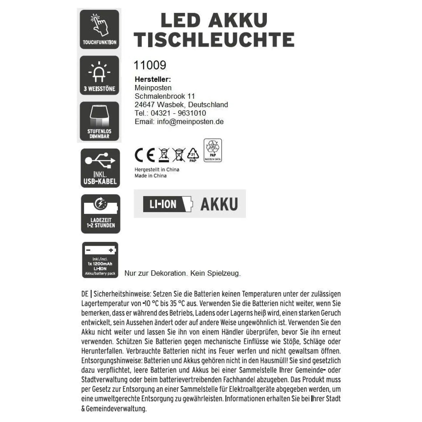 Lampe LED ohne Kabel Touch Tischleuchte Tischlampe Leuchte kabellos dimmbar